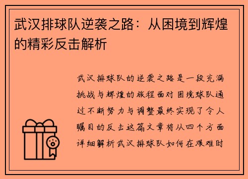 武汉排球队逆袭之路：从困境到辉煌的精彩反击解析